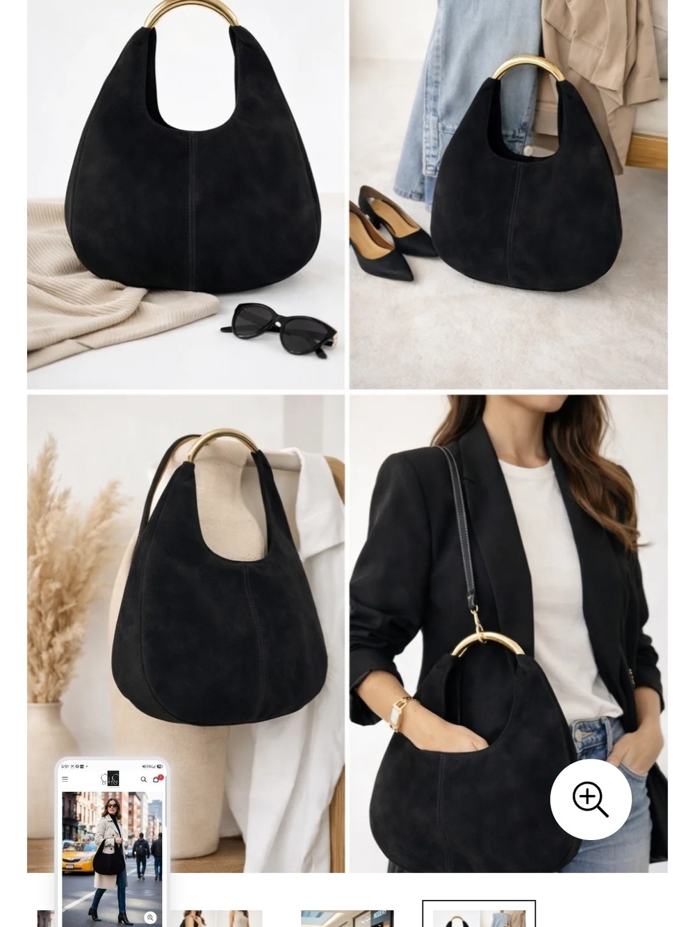 Black Suede Shoulder Bag with Gold Handle – Sleek Women's Hobo